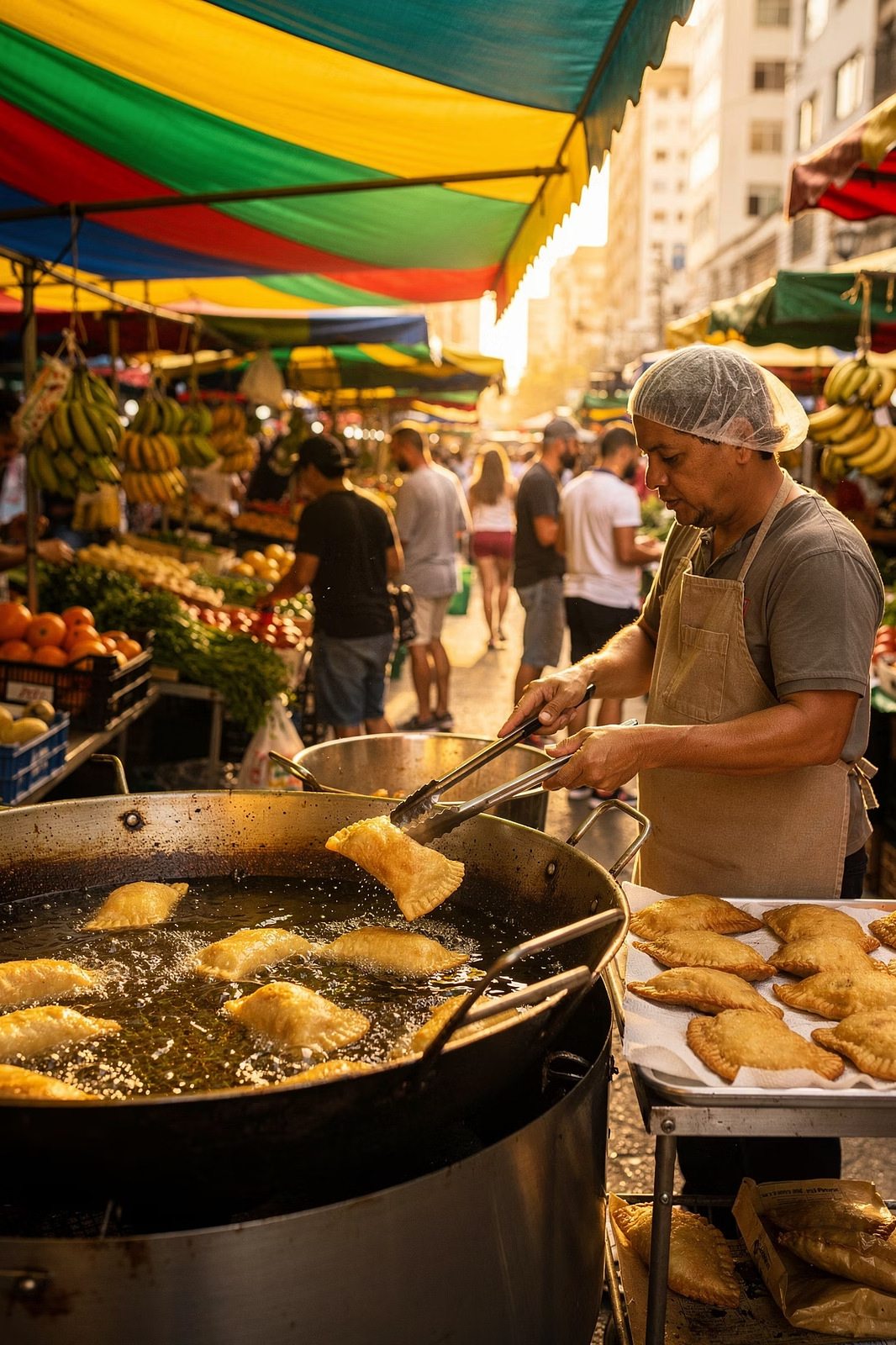 Pastéis fritos num prato ao lado de um copo de caldo de cana, numa feira livre
