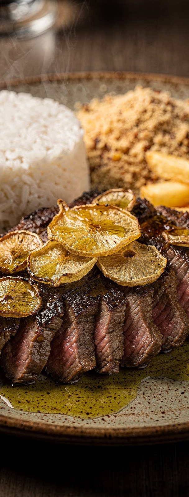 Filé fatiado coberto de alho dourado, com arroz, farofa e batata frita