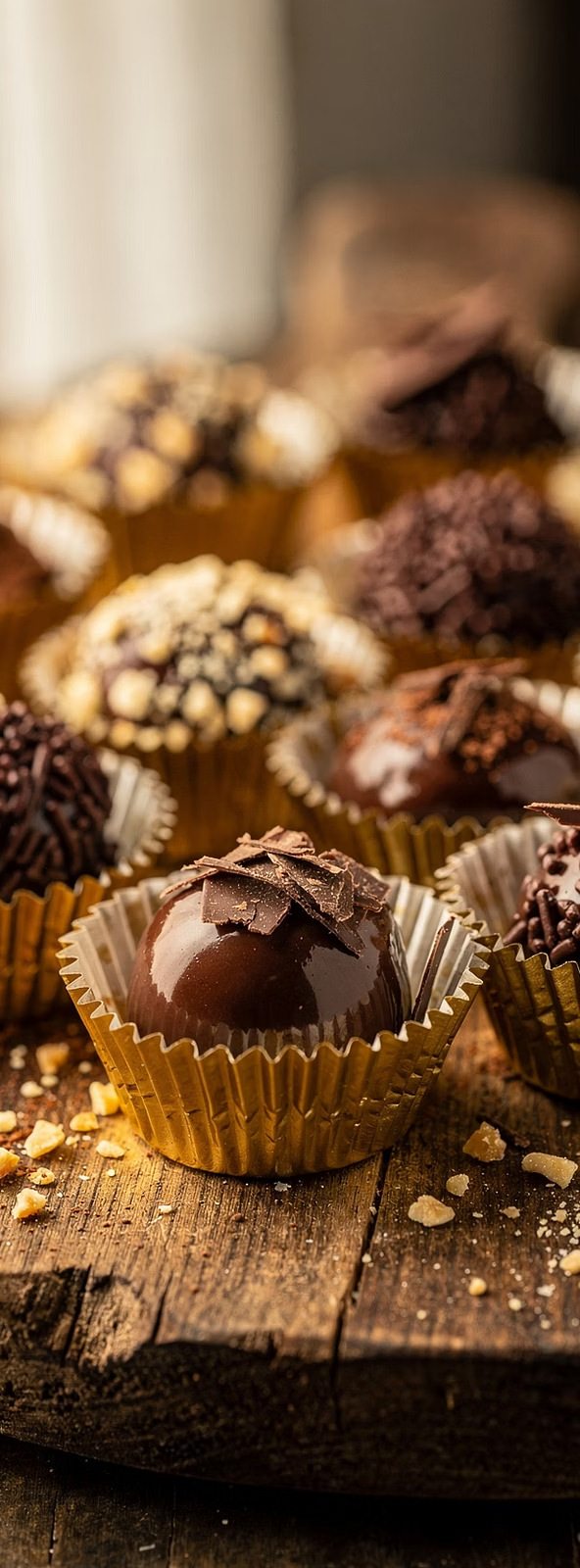 Brigadeiros gourmet em forminhas douradas sobre tábua de madeira