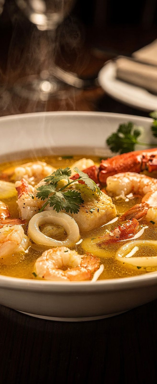 Prato fundo com caldo dourado, camarões, anéis de lula, peixe e lagosta