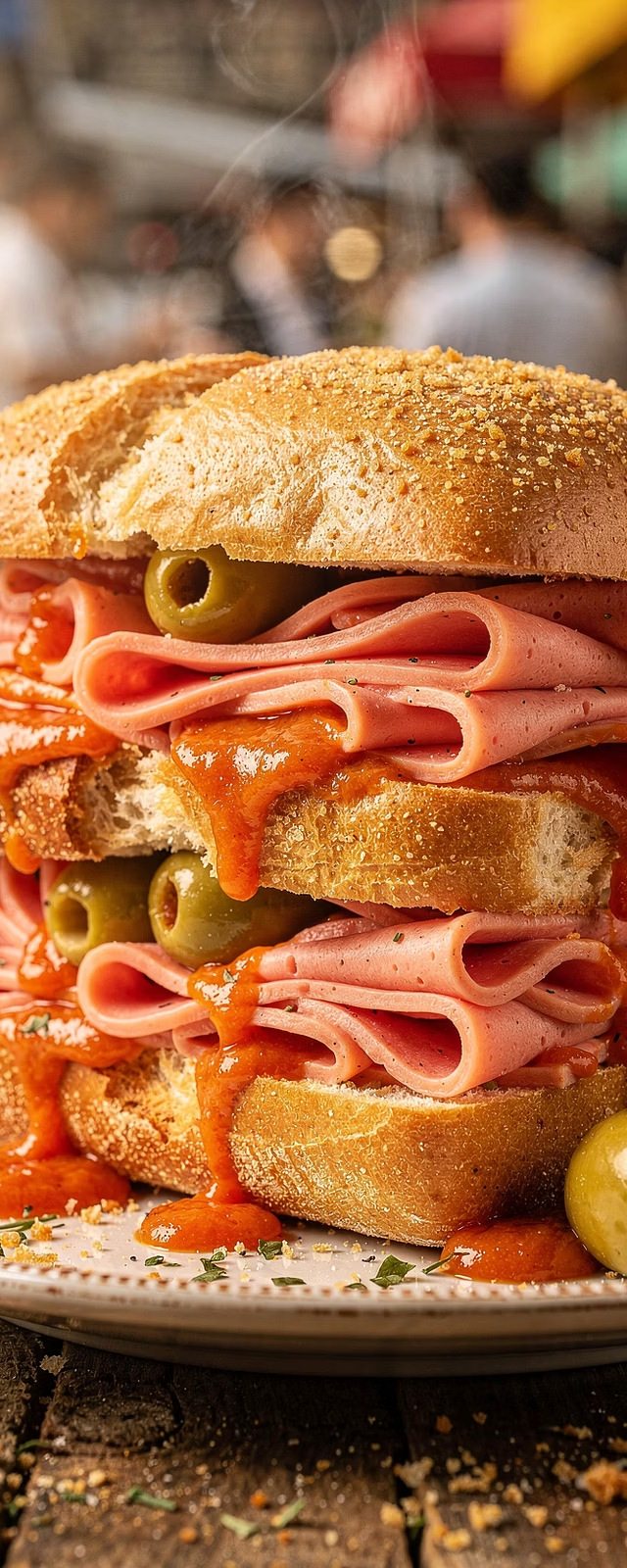 Sanduíche com camadas altas de mortadela, azeitonas e molho de tomate