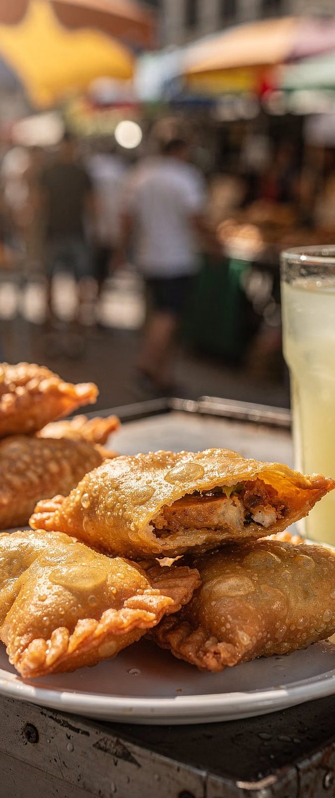 Pastéis fritos crocantes e um copo de caldo de cana numa feira livre